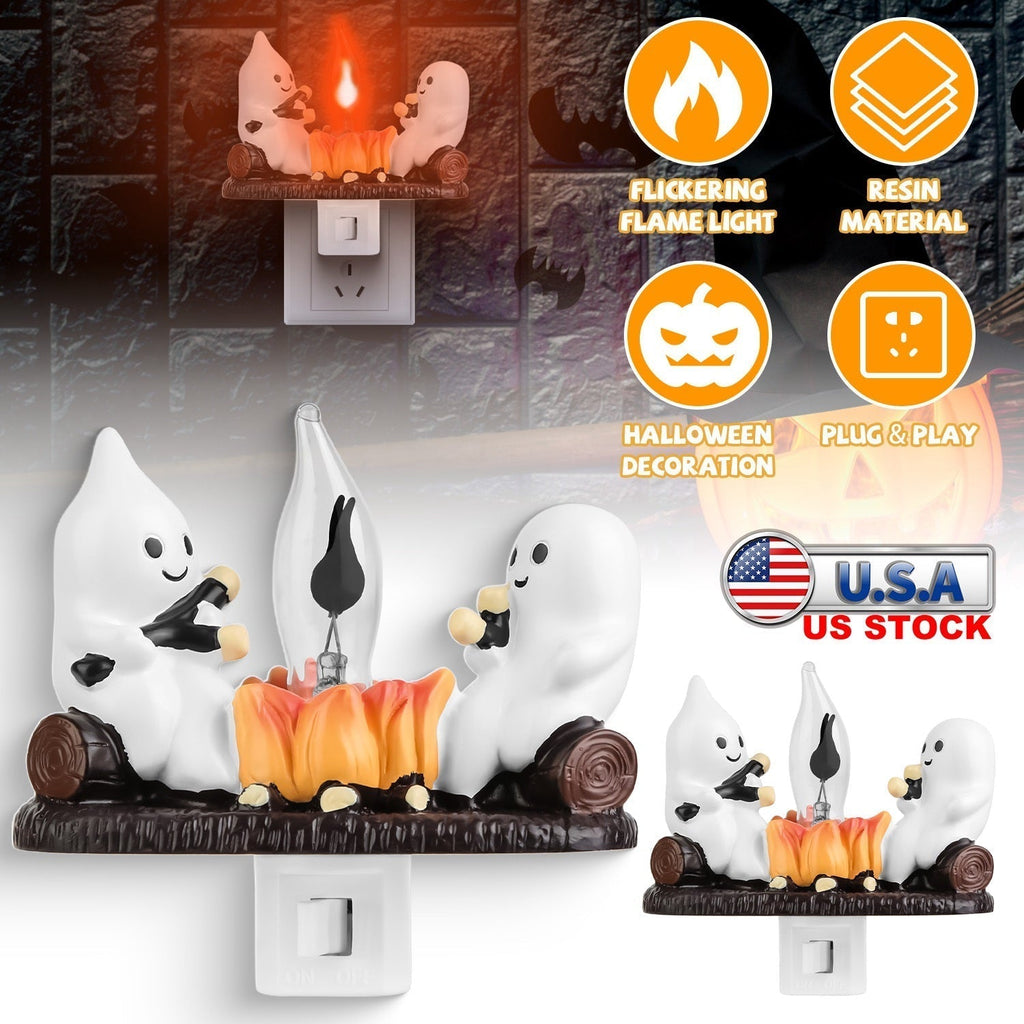 2Pcs Ghost Campfire Flickering Flame Night Light Indoor 3D Funny Halloween Nightlight Decoration Bedroom Night Light Halloween Decoration Gift For Fri